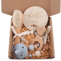Infant gift set featuring grey silicone pacifier and heart-shaped wooden pacifier clip - Grey Blue 5-Piece Set