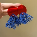 Blue mesh fabric flower earrings with red acrylic beads shown in hand detail - Red Acrylic Top Blue Mesh Woven Long Earrings (56# Silver Needle-Red-Blue)