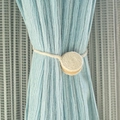 Blue striped curtain held by natural wood magnetic buckle and woven cotton rope tieback - Beige Cotton Rope
