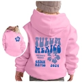 Pink hooded sweatshirt for kids with blue Tulum Mexico surf graphic on the back - 100cm / Pink (Blue Print)