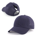 Detail view of navy blue quick-dry baseball cap with laser-cut holes and ponytail opening - Adjustable / Navy Blue