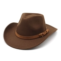 Classic dark brown wide brim fedora hat with a leather strap and metal buckle detail - Brown