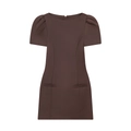 Front view of dark brown puff sleeve mini dress with decorative pockets and slim fit - S / Coffee
