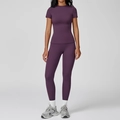 Slim fit two-piece deep purple yoga set with crew neck short sleeve shirt and leggings - S / Short Sleeve + Leggings / Dark Purple