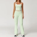 Dames yoga set in muntgroen met contrast bies, crop top en uitlopende broek - S / Vest + Flare Broek / Muntgroen