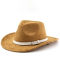 Cappello fedora in pelle scamosciata marrone con cintura bianca e fibbia in metallo - M (56-58cm) / Cachi