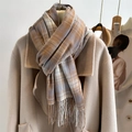 Classic khaki and gray plaid checkered scarf with tassels for winter fashion accessories - Khaki and Grey