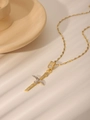 Gold heart pendant necklace featuring bird and cross design with white zirconia stones - Bird Cross Style (DQ-W-1271B)