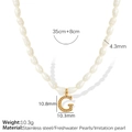 Golden titanium steel pearl necklace with letter G pendant and detailed size specifications - Letter G (XL185 Artificial Pearl Gold-Tone Necklace)