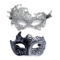 Detail view of silver lace hollow mask and black silver gradient glitter masquerade mask - Silver Ox Horn Mask + Silver Lace Phoenix Mask