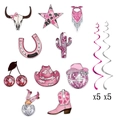 Set decorazioni festa cowboy disco rosa con ritagli di carta e riccioli appesi - Decorazione Sospesa a Tema Disco Cowboy Western Rosa (W-00067)