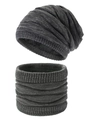 Close-up of dark grey thick knit beanie and neck warmer set with ribbed texture - Black + Dark Grey