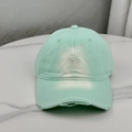 Close-up of mint green baseball cap with distressed brim and 3D M FASHION embroidery - One Size (58-60cm) / Green