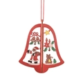 Red wooden Christmas bell ornament with Santa and teddy bear carvings for holiday tree - 3D Bell Style A [Red]