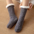 Winter knit floor socks in gray with white faux fur cuff and non-slip sole for home comfort - One Size / Argyle Dark Grey