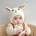 White baby knitted earflap hat with pink rabbit ears and carrot for infants - White Rabbit - Lined