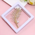 Elegant gold feather brooch with sparkling rhinestones and a white pearl on a pink base - XZ154-Gold Feather Leaf-Boxed