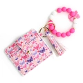 Porte-cartes rose motif papillon avec bracelet en perles de silicone et porte-clés - Rouge rosé