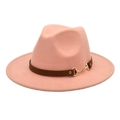Detail view of pink wool jazz hat with brown belt and golden horsebit metal accessory - Dusty Pink / M (56-58cm)