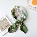 Elegant dark green and cream square silk scarf with floral patterns for women - New Crane in Cloud Green