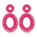 Pink raffia woven geometric earrings with gold frames, trendy summer resort style jewelry - Raffia Woven Oval Style(#13)
