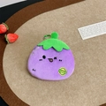 Cute plush eggplant coin purse with happy embroidery and green hook on wooden tray - Mischievous Eggplant Coin Purse