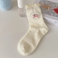 Chaussettes mignonnes blanc cassé avec broderie chiot et nœud en ruban rose - Taille unique / Blanc