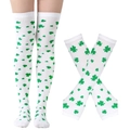 Detailed view of white over-the-knee socks with green shamrock patterns for Saint Patrick's Day - Gloves And Socks / Large And Small Leaves White Style (3#)