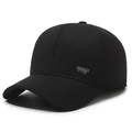 Men's winter black cotton baseball cap with ear protection and silver metal sports logo - Adjustable / Black