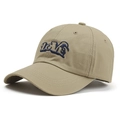Close-up of LOVE embroidery on beige cotton canvas baseball cap with curved brim - Adult / Khaki