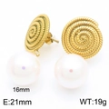 Spiral metal gold earring with 16mm white pearl drop and dimension measurements - Spiral Pattern Disk Style (KE116267-GC)