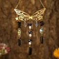 Detailed golden butterfly suncatcher with black stones and colorful crystal beads - Gold Wings + Obsidian