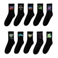 Black mid-calf cotton socks with colorful graffiti punk style typography prints - One Size / Black