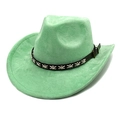 Detailed view of light green suede cowboy hat with black stitched leather band trim - M (56-58cm) / Fruit Green