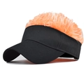 Detail view of the black visor hat with fluffy orange synthetic wig hair on top - Head Circumference 55-60cm / Black Hat with Orange Wig