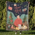Detailed weave of a Christmas tree cotton blanket with festive New Year illustration and tassels - New Year Cozy Writing / 130x160cm