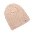 Detail of pink knitted beanie featuring diamond patterns and silver metal logo tag - Off White