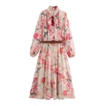 Elegant floral chiffon midi dress with a neck bow and brown waist belt in soft pink - XS / Pink