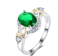 Elegant silver ring with oval green emerald and gold heart knots on white background - Ur0664b / Size 7