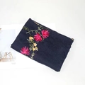 Dark blue embroidered shawl scarf with pink and yellow floral patterns on white surface - 170x90cm / Navy Blue