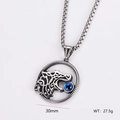 Silver stainless steel hollow wolf head pendant necklace with blue gem, 30mm diameter - Viking Wolf Head Style (AML01155-6)