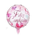 Detail of 18 inch round foil balloon featuring colorful butterflies and Feliz Cumpleaños text - Butterfly Spanish Birthday Round
