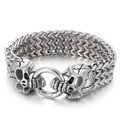 Punk style silver titanium steel bracelet with double skull clasp and woven chain - Skull / Steel