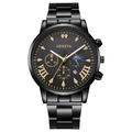 Detail of black quartz watch with gold markers, calendar sub-dial and steel strap - New Model Color 4
