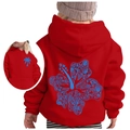 Red kids hoodie featuring blue tropical Chasing Sunsets floral print on back and front - Tops / Size 100 / Red