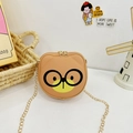 Brown cartoon bear crossbody bag for girls with cute glasses print and gold chain strap - Brown Glasses Bear