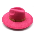 Close-up of rose red fedora hat with brown leather band and golden metal rivet detail - M (56-59cm) / Rose Red Suede