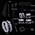 10-piece black lace and PU leather bondage set with handcuffs, collar, and whip - White 9-Piece Set