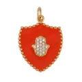 Hamsa shield pendant in red enamel with gold plating and sparkling zircon accents - Red-Hamsa Hand