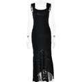 Detail view of black sleeveless lace floral dress with side ruffles and irregular hemline - M / Black